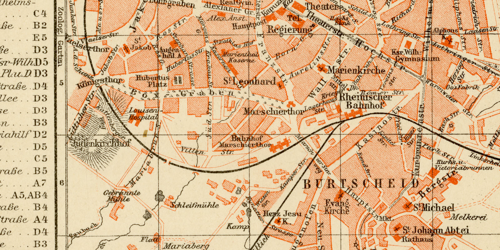 Aachen ca 1893 historischer Stadtplan Lithographie