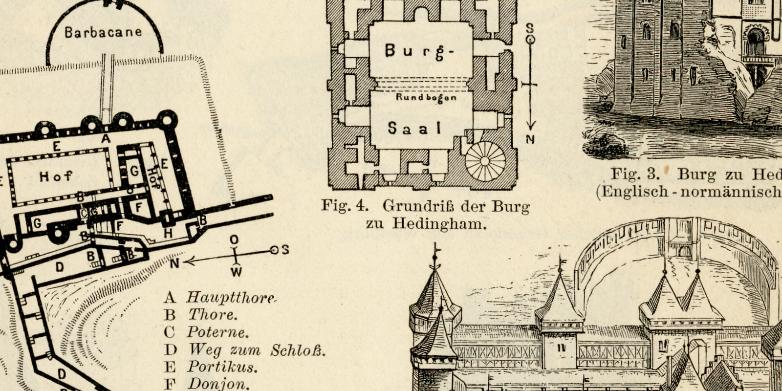 Burgen I - II ca 1893 historische Bildtafel Holzstich