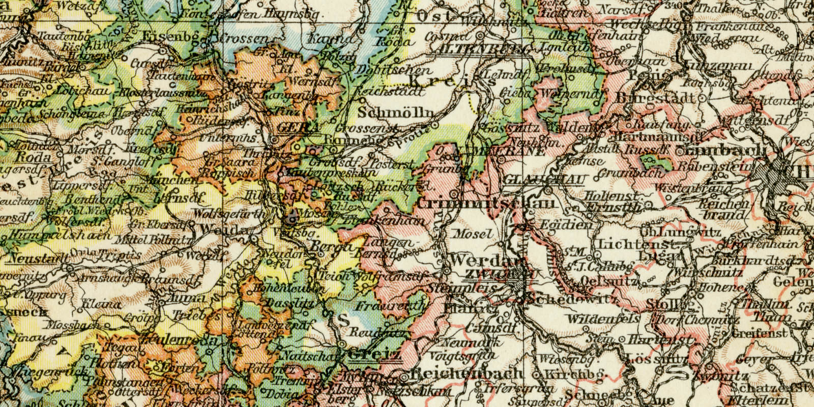 Königreich Sachsen Provinz Sachsen südlicher Teil und Thüringische Staaten historische Landkarte Lithographie ca 1911