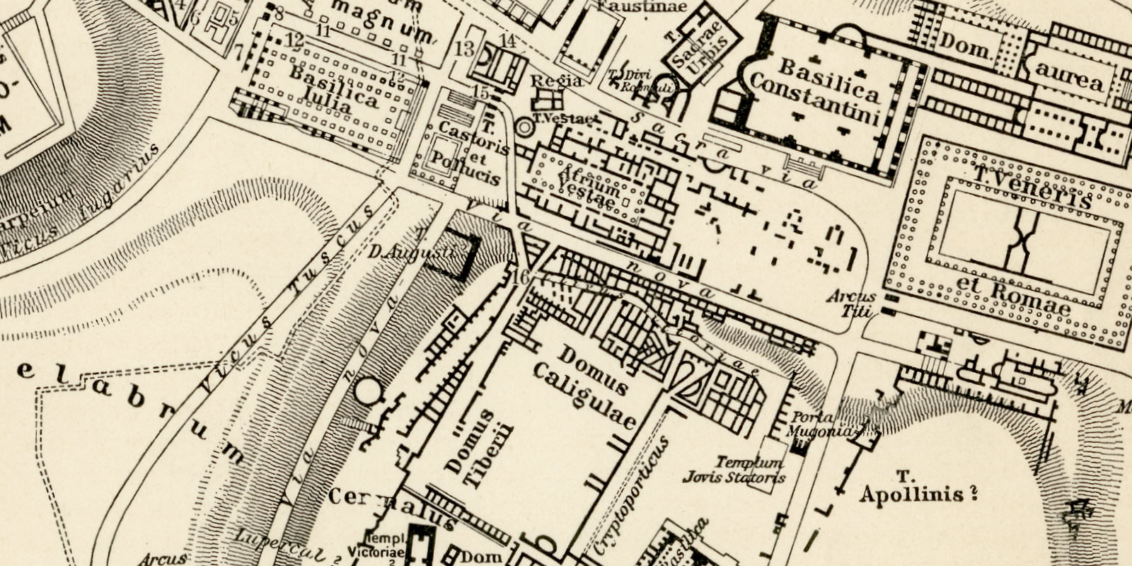 Die Kaiserforen des Alten Rom und der Palatin nach Sieglin ca 1898 historische Karte Lithographie