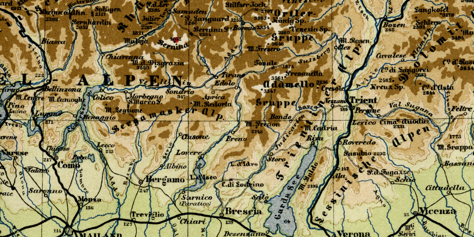 Alpen Höhenschichten historische Karte ca 1887 Lithographie