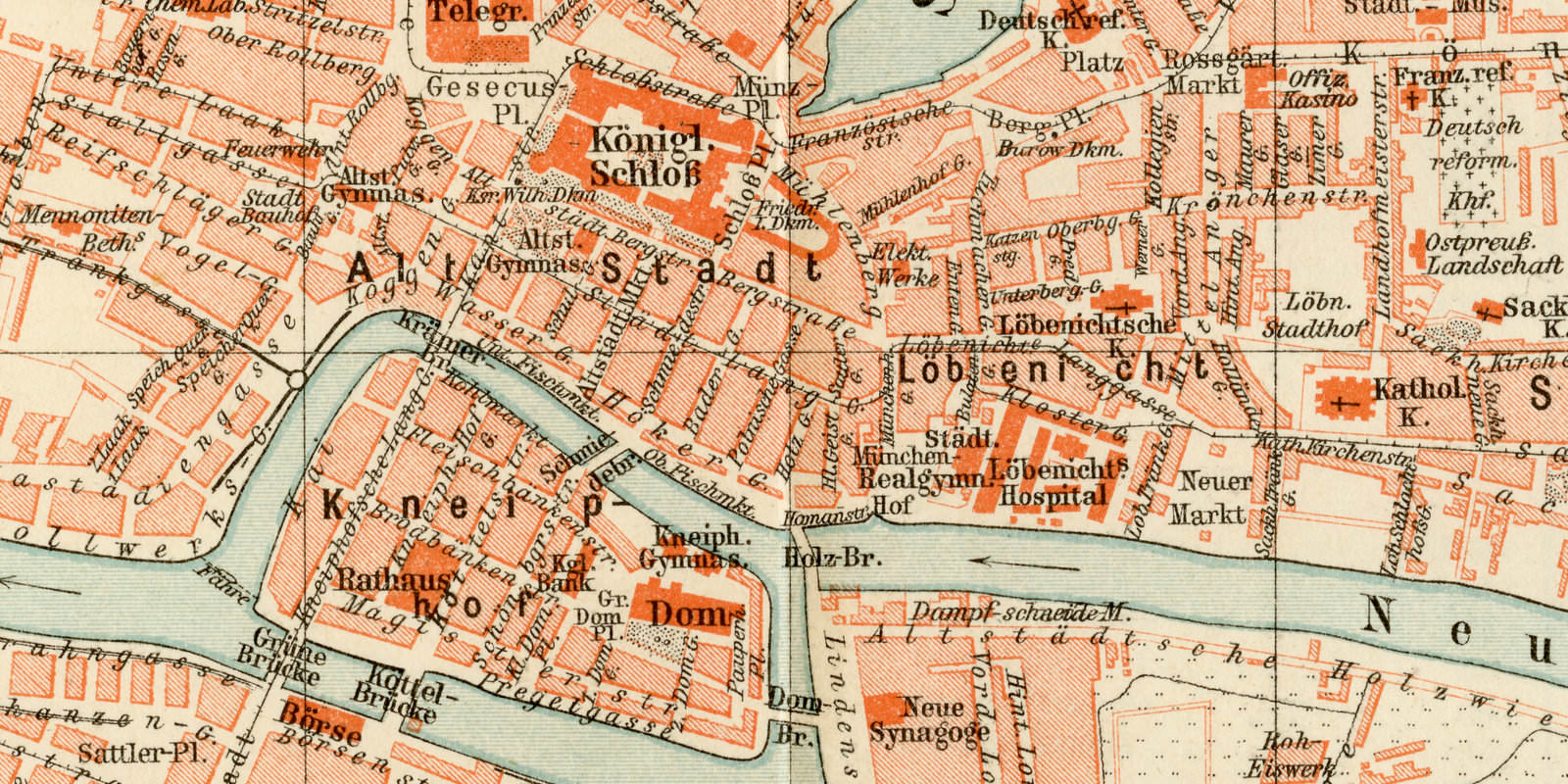 Königsberg in Preussen ca 1895 historischer Stadtplan Lithographie
