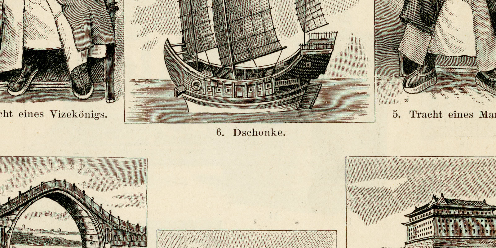 Chinesische Kultur I - II ca 1894 historische Bildtafel Holzstich