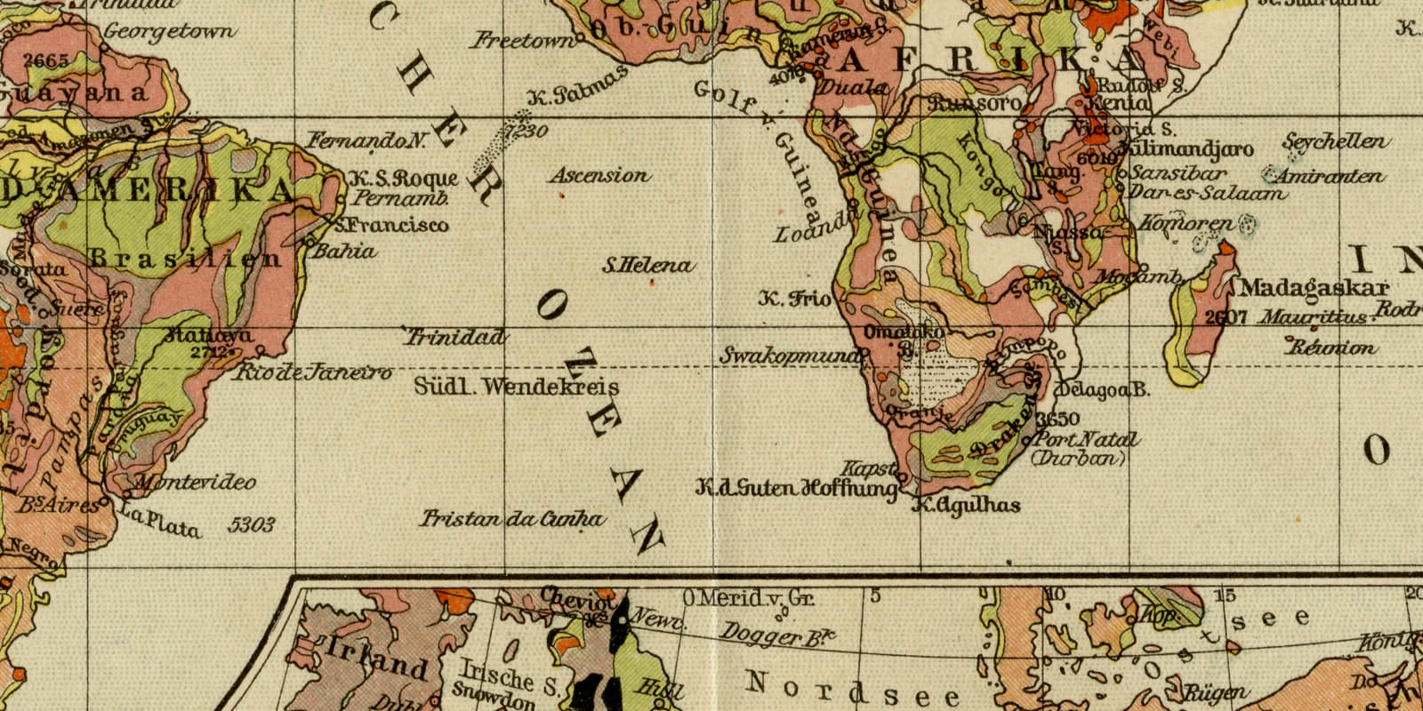 Erde Geologische Karte ca 1926 historische Karte Lithographie
