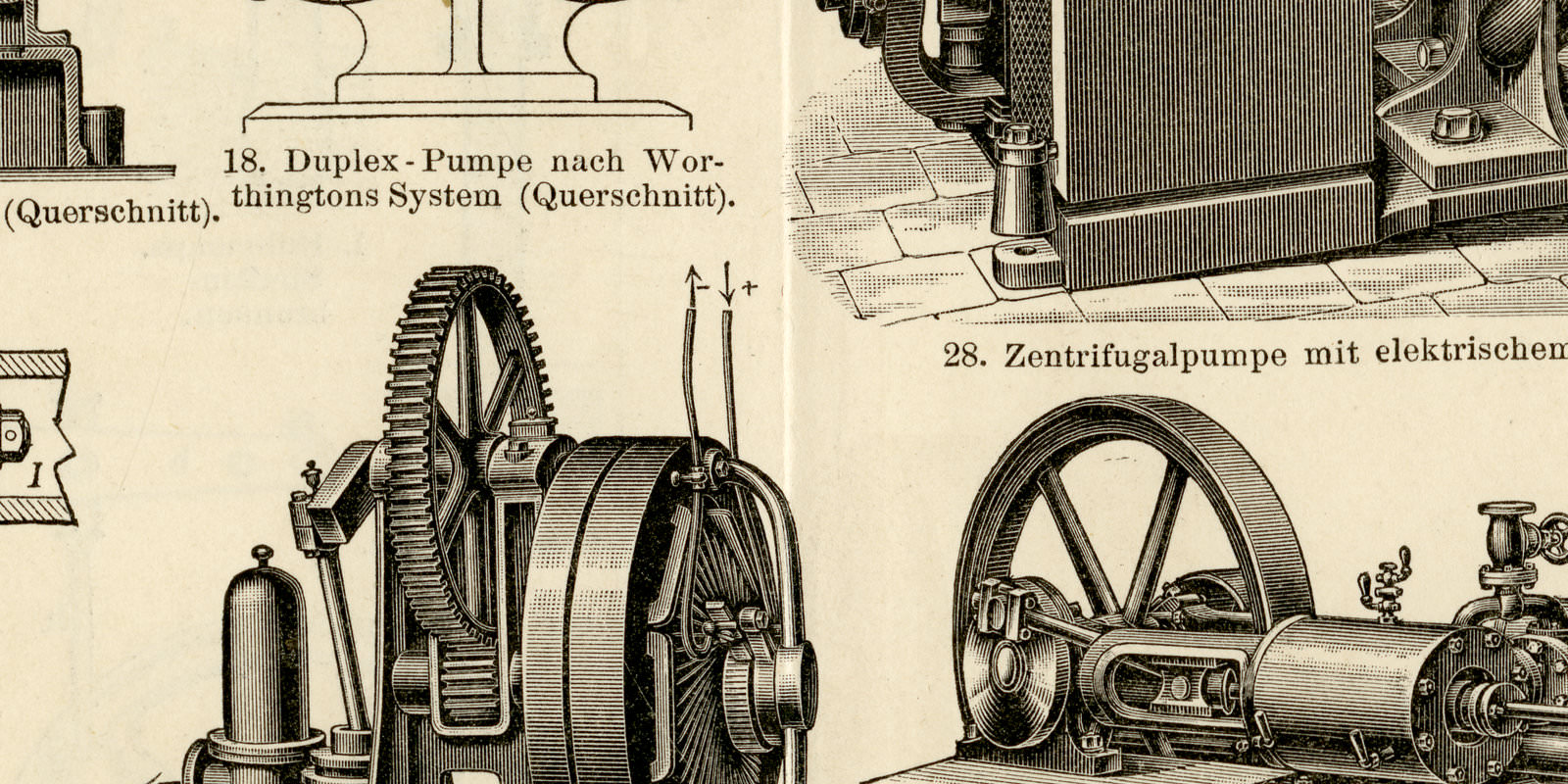 Pumpen I - II ca 1893 historische Bildtafel Holzstich