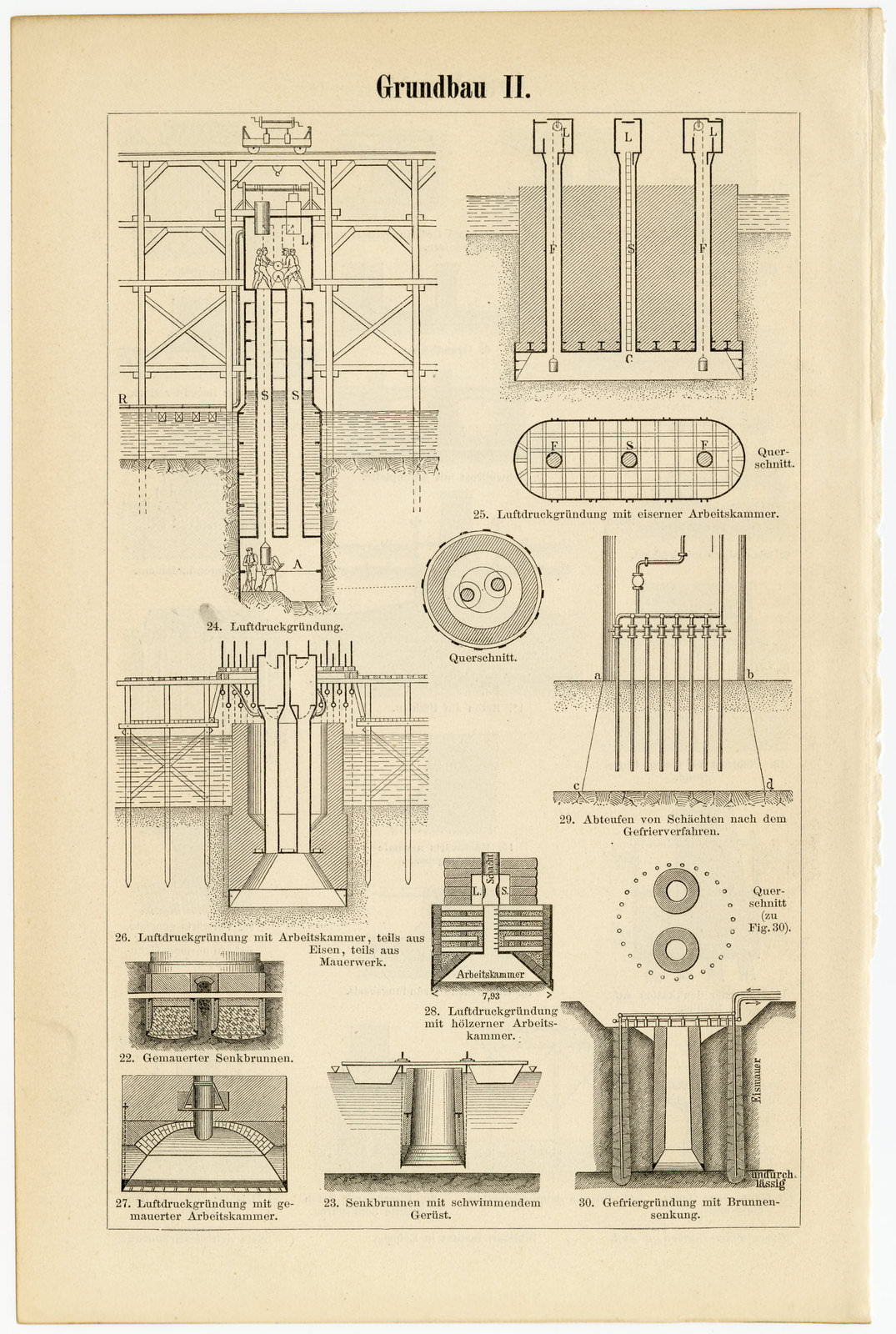 Grundbau I - II ca 1895 historische Bildtafel Holzstich