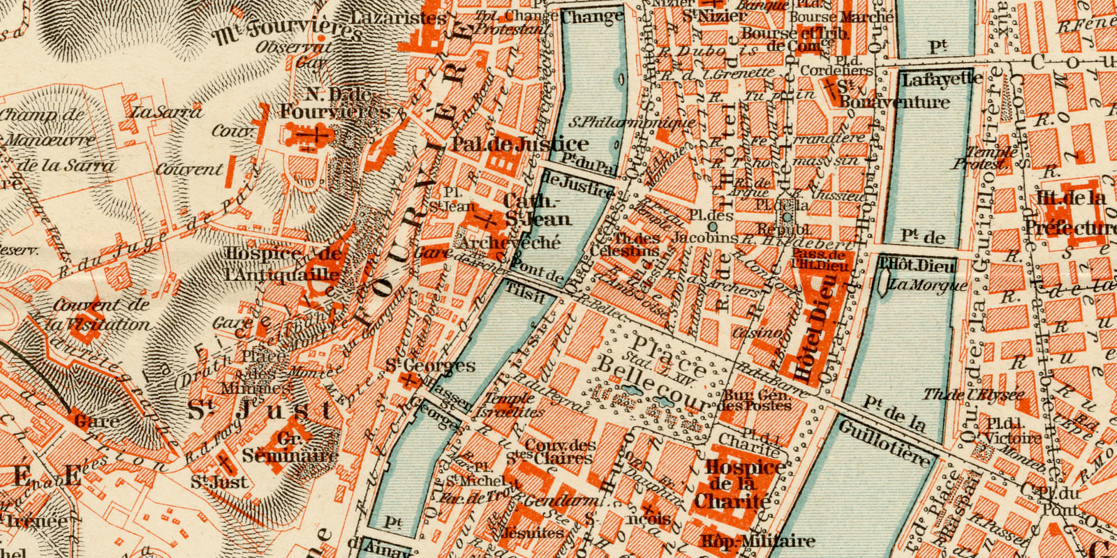 Lyon ca 1896 historischer Stadtplan Lithographie