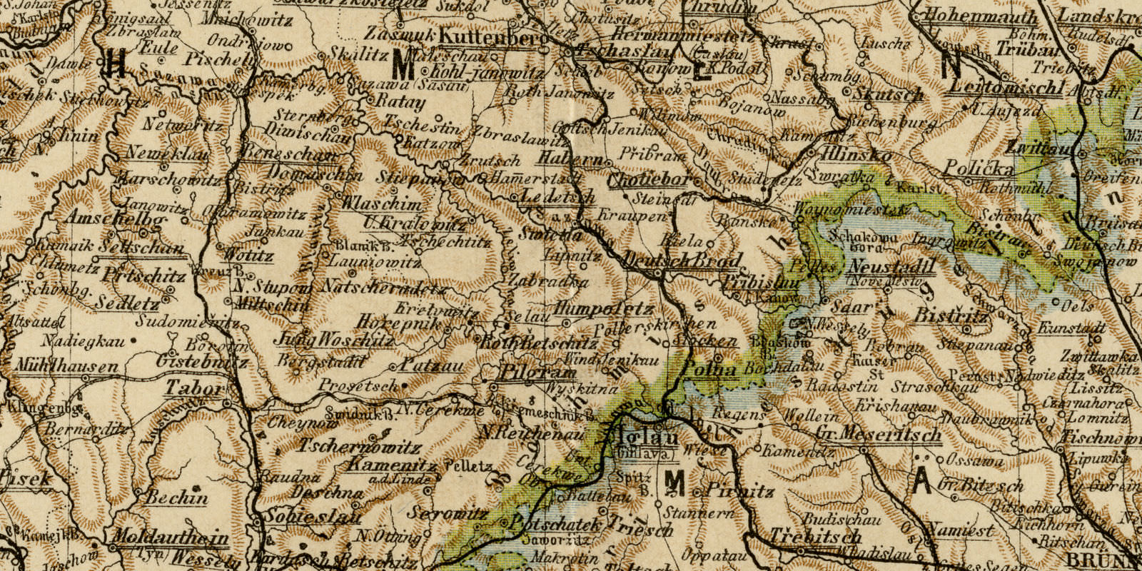Böhmen Mähren und Österreich.-Schlesien historische Karte ca 1887 Lithographie