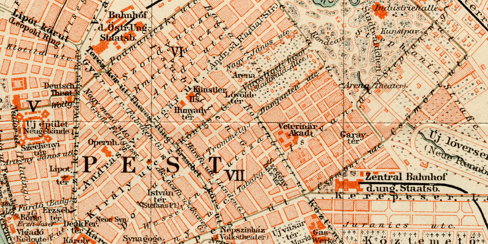 Budapest ca 1893 historischer Stadtplan Lithographie