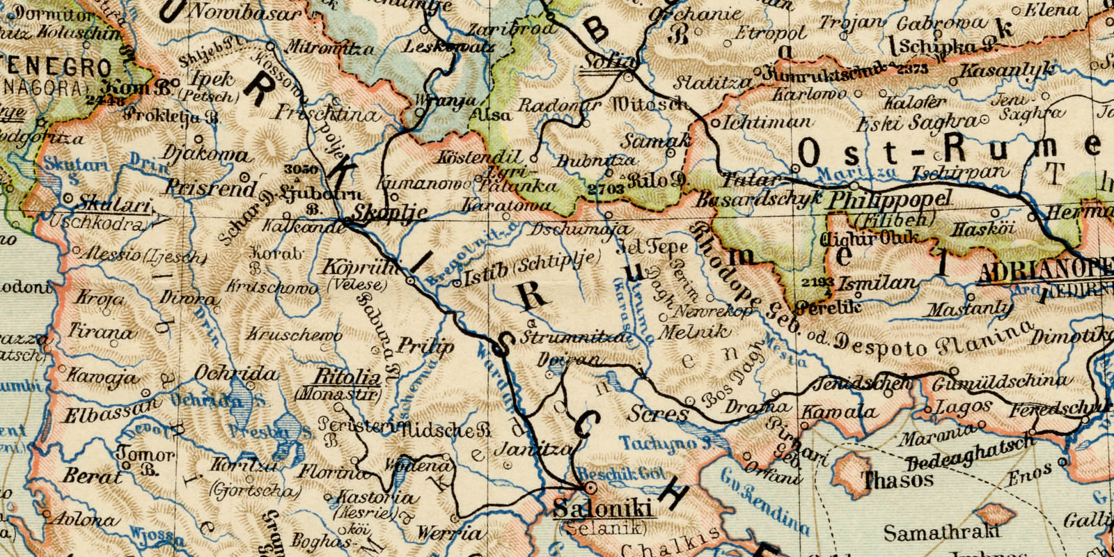 Balkan Halbinsel ca 1897 historische Karte Lithographie