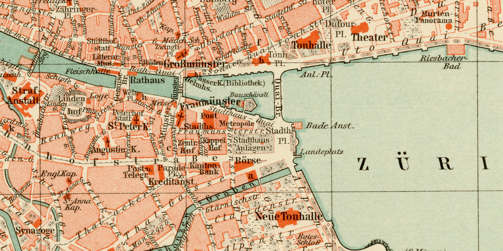 Zürich ca 1897 historischer Stadtplan Lithographie