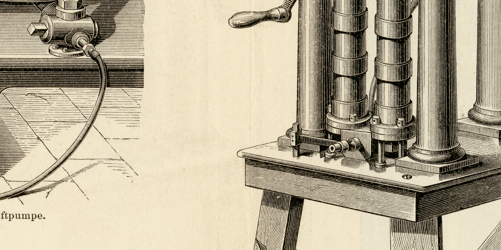 Luftpumpen I - II ca 1896 historische Bildtafel Holzstich