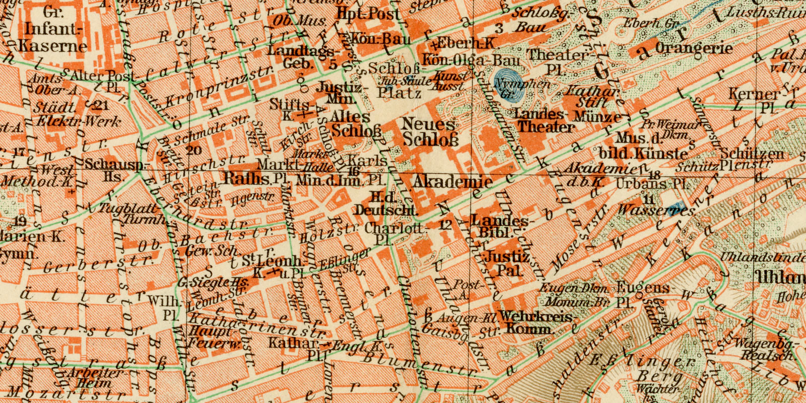 Stuttgart ca 1929 historische Karte Lithographie