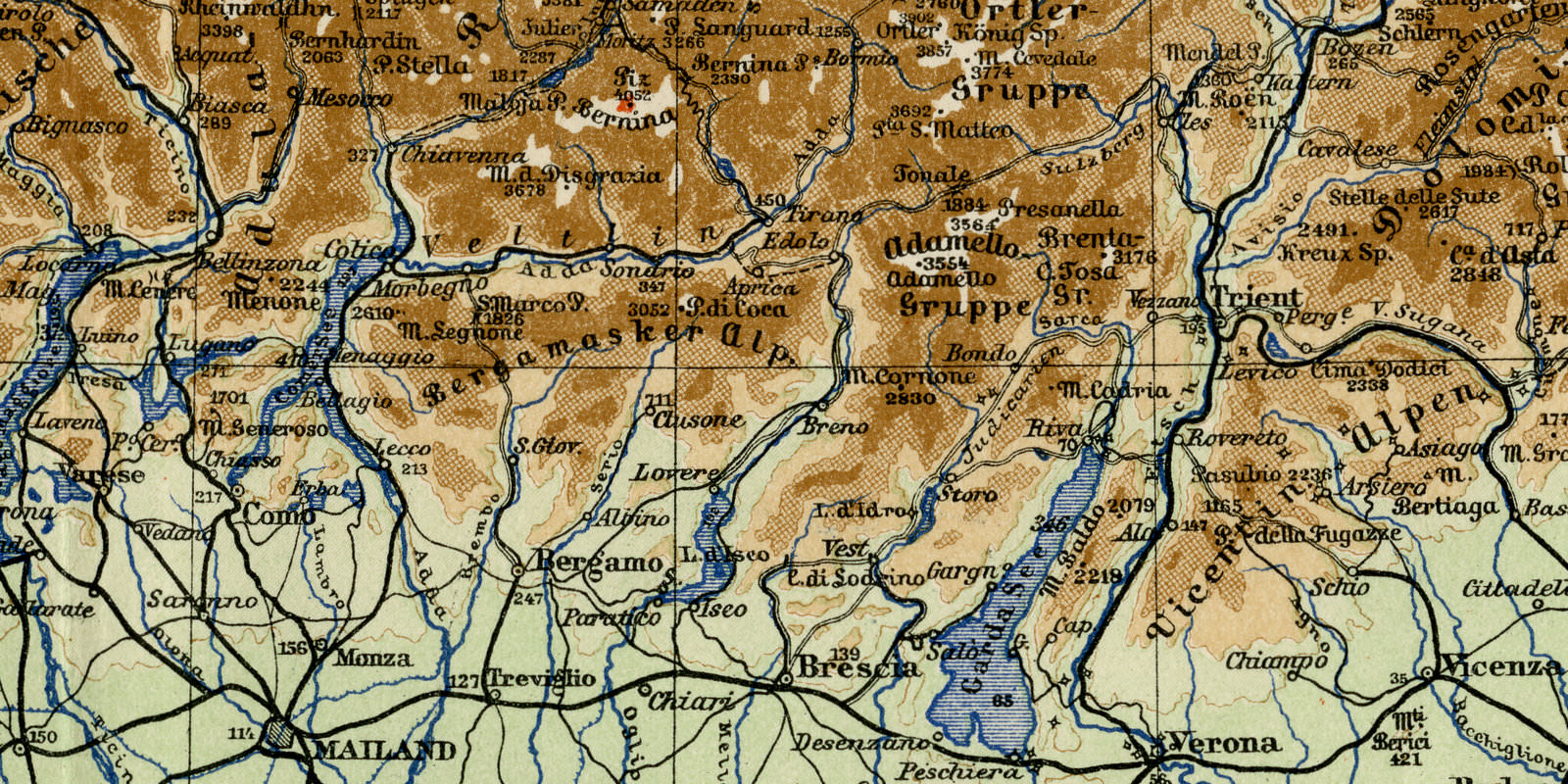 Alpen Landkarte Höhenschichten ca 1924 historische Karte Lithographie