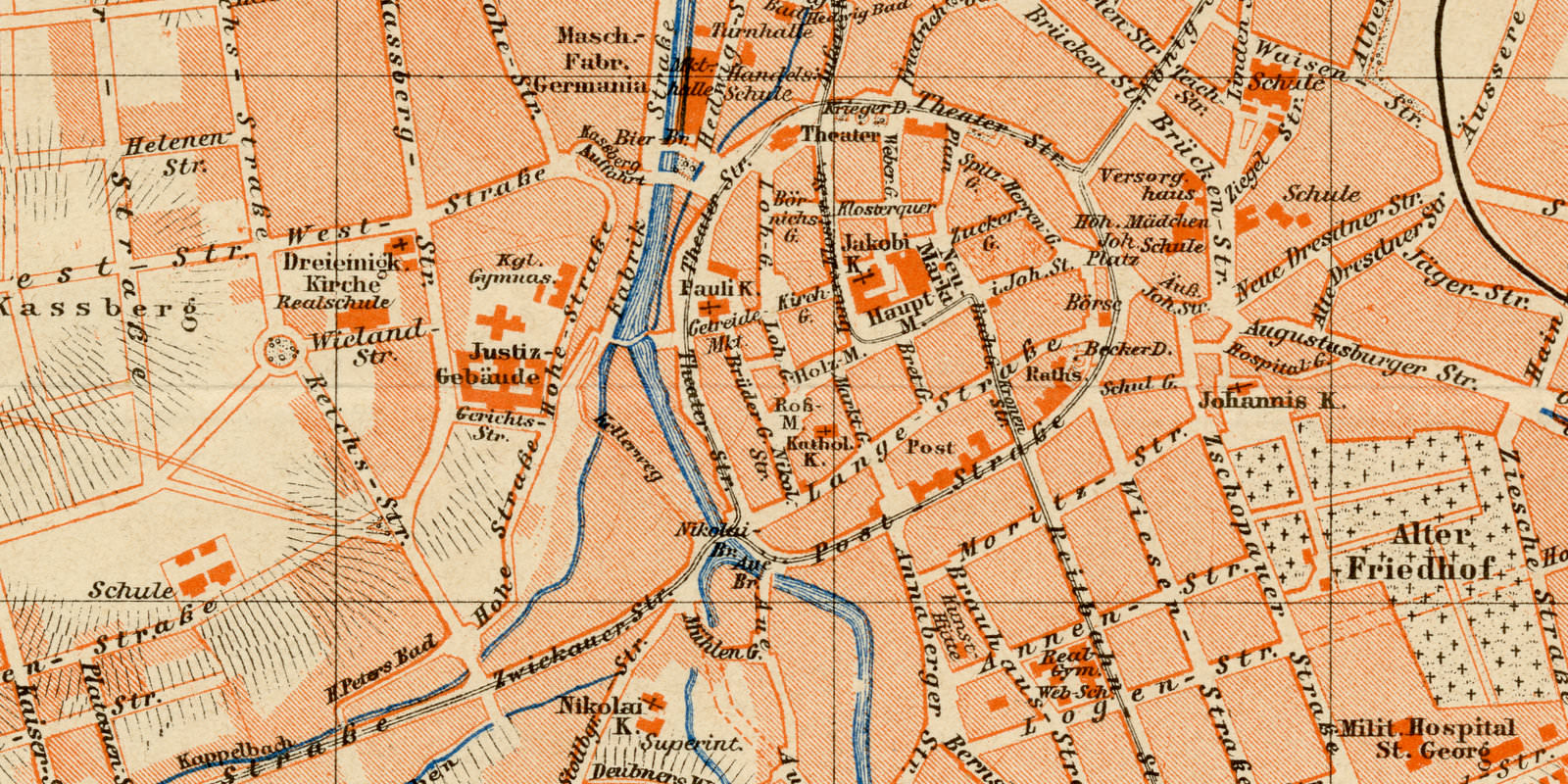 Chemnitz ca 1893 historischer Stadtplan Lithographie