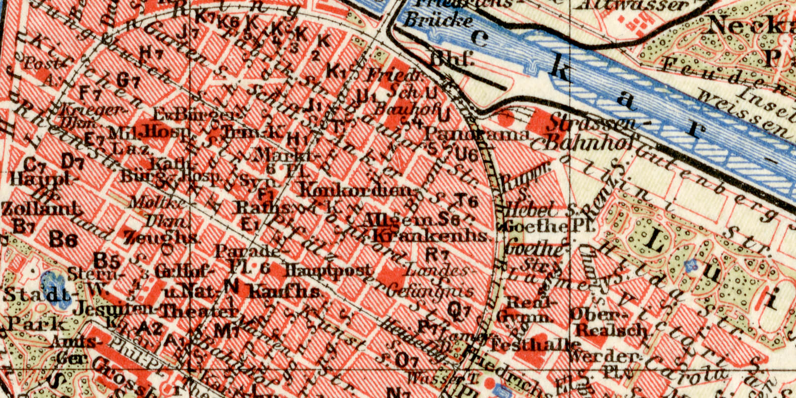 Mannheim historischer Stadtplan Karte Lithographie ca 1904