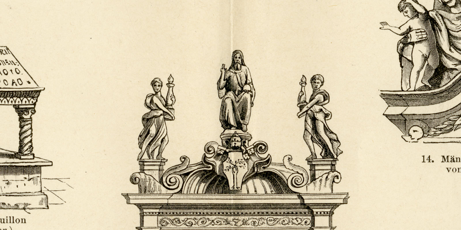 Grabmäler ca 1894 historische Bildtafel Holzstich