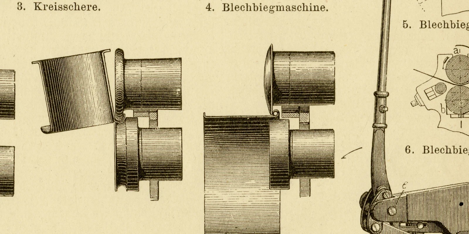 Blechbearbeitungsmaschinen ca 1882 historische Grafik Holzstich