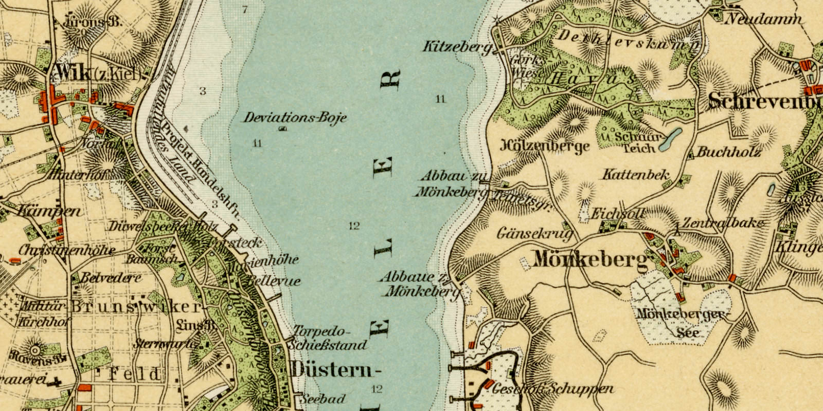Kieler Hafen ca 1897 historische Karte Lithographie