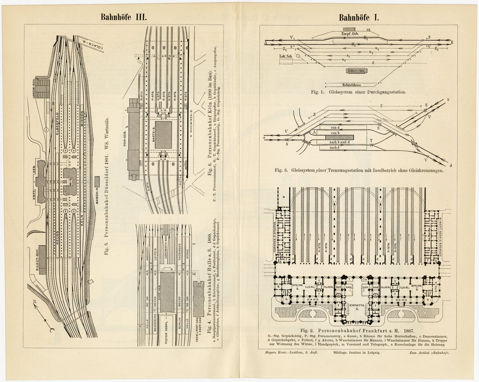 Bahnhöfe I - III ca 1893 historische Bildtafel Holzstich