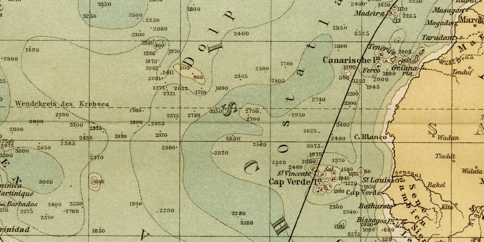 Atlantischer Ozean ca 1882 historische Karte Lithographie