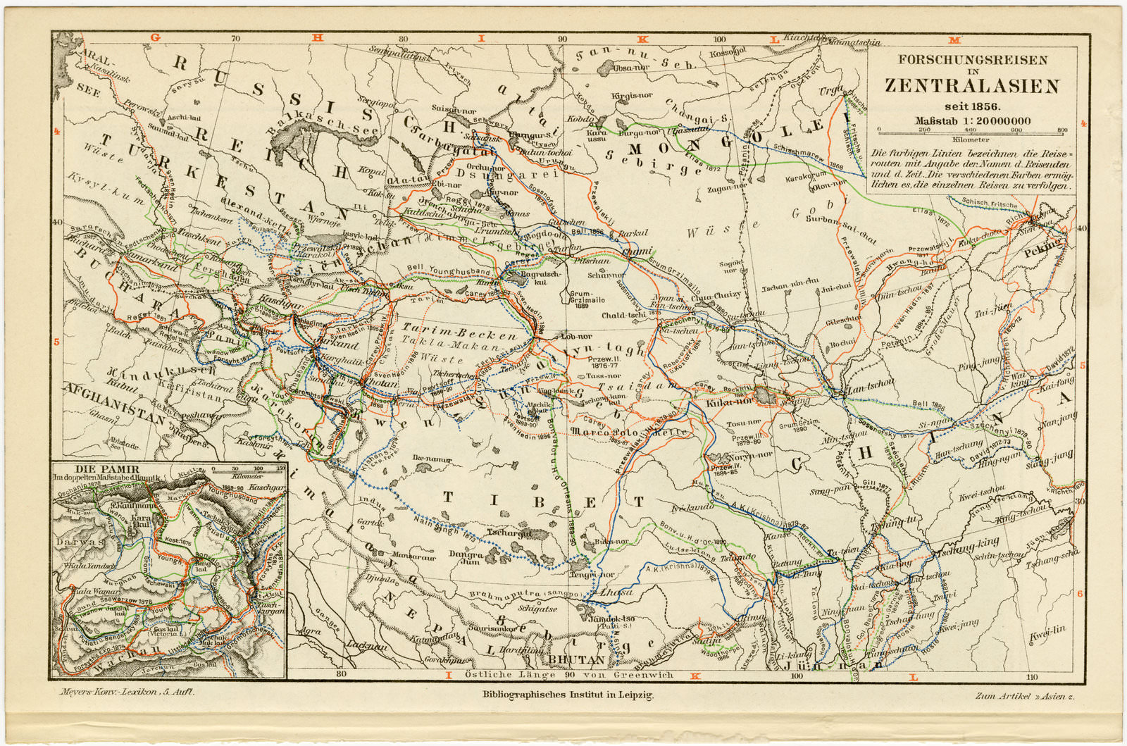 Asien Forschungsreisen Mittelalter und Neuzeit ca 1898 historische Karte Lithographie