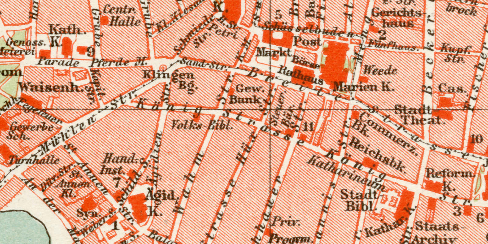 Lübeck historischer Stadtplan Karte Lithographie ca 1892