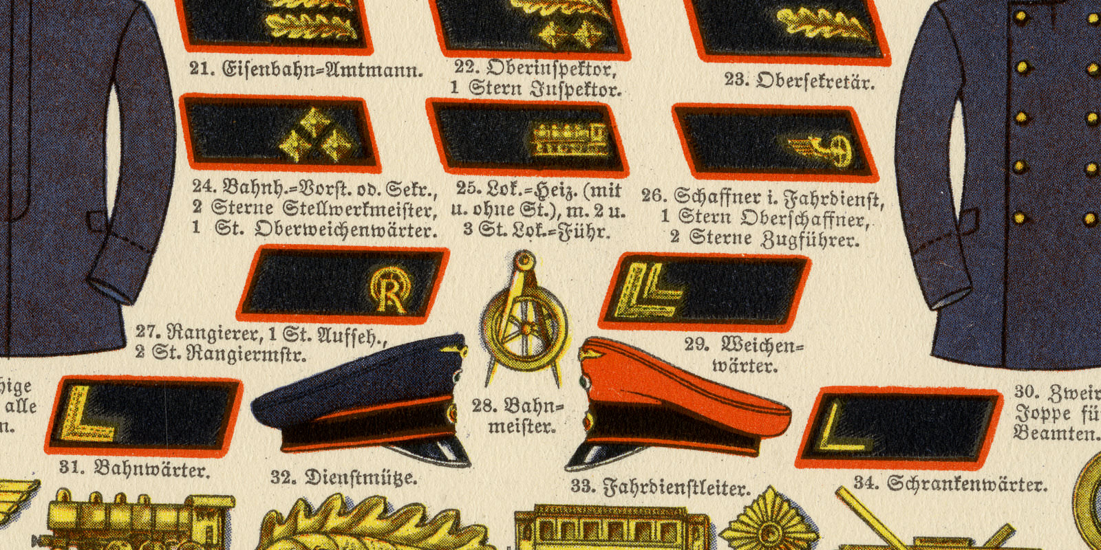 Uniformen deutscher Reichsbeamten ca 1931 historische Bildtafel Chromotypie