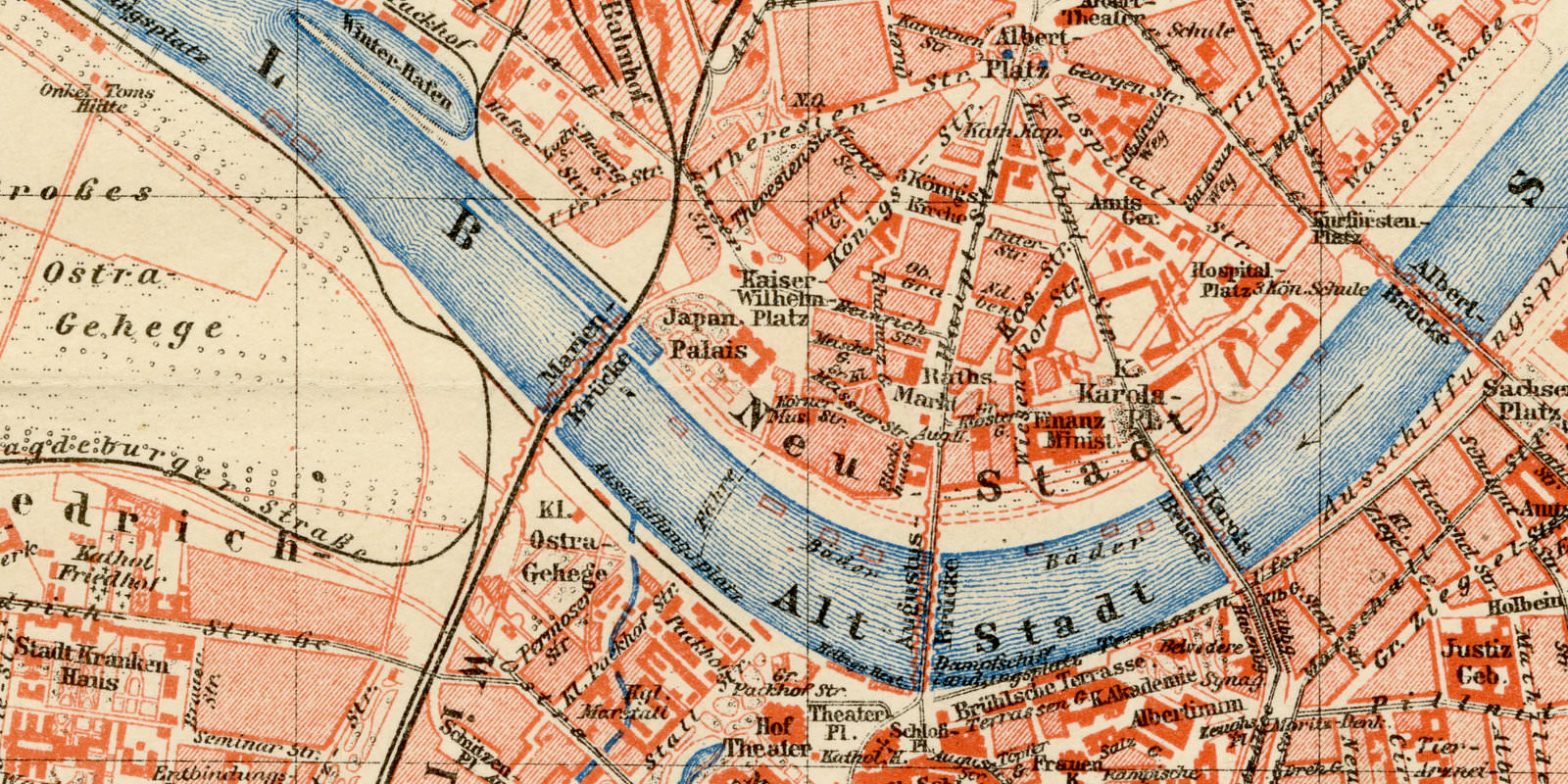 Dresden ca 1897 historischer Stadtplan Lithographie