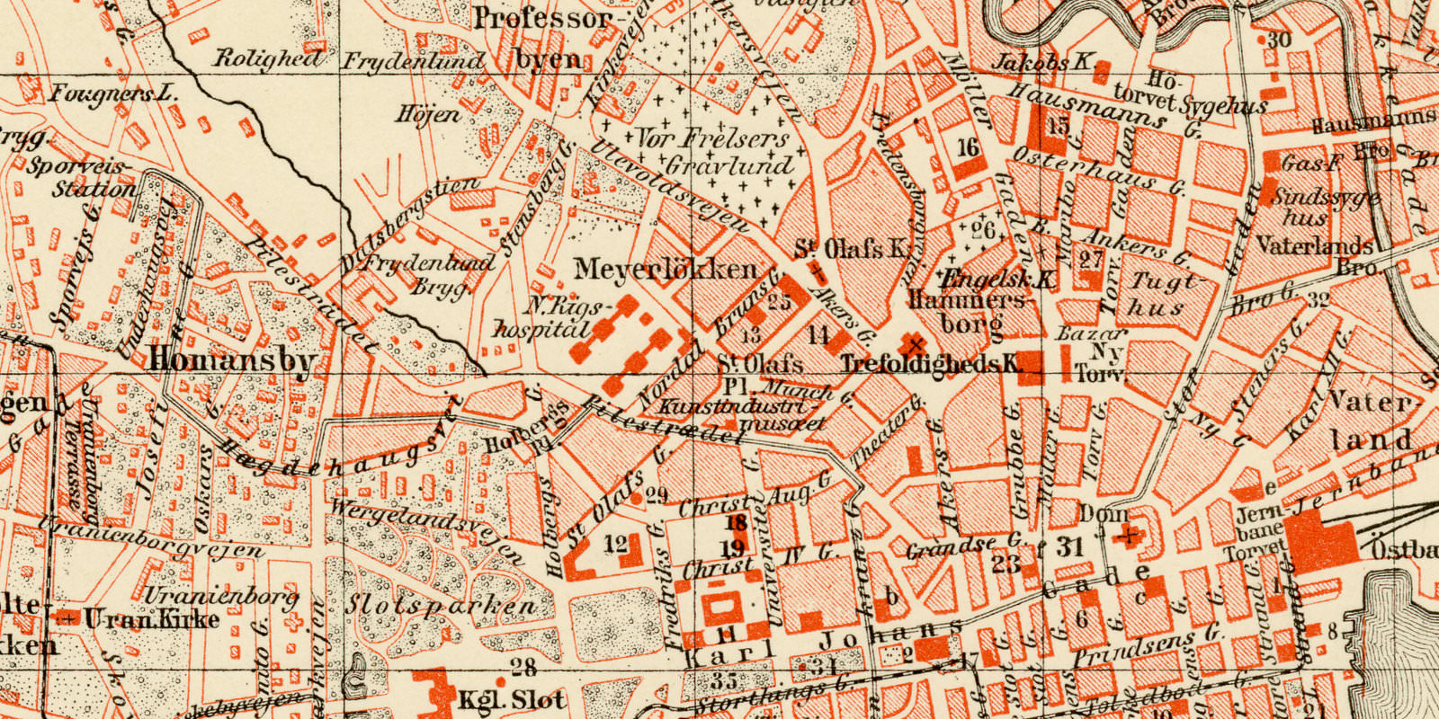 Christiania ca 1894 historischer Stadtplan Lithographie