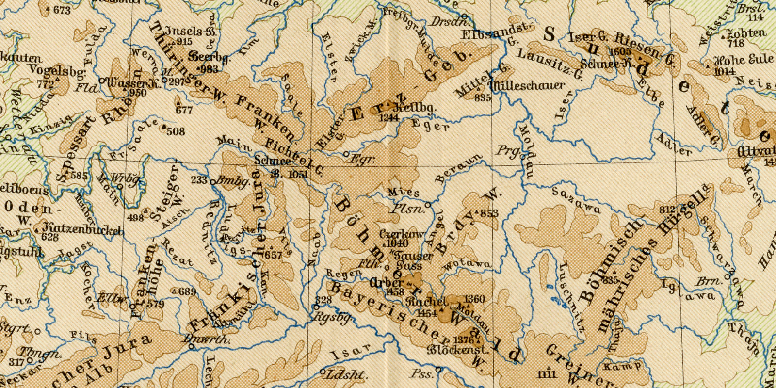 Fluss- und Gebirgskarte von Mitteleuropa ca 1893 historische Karte Lithographie