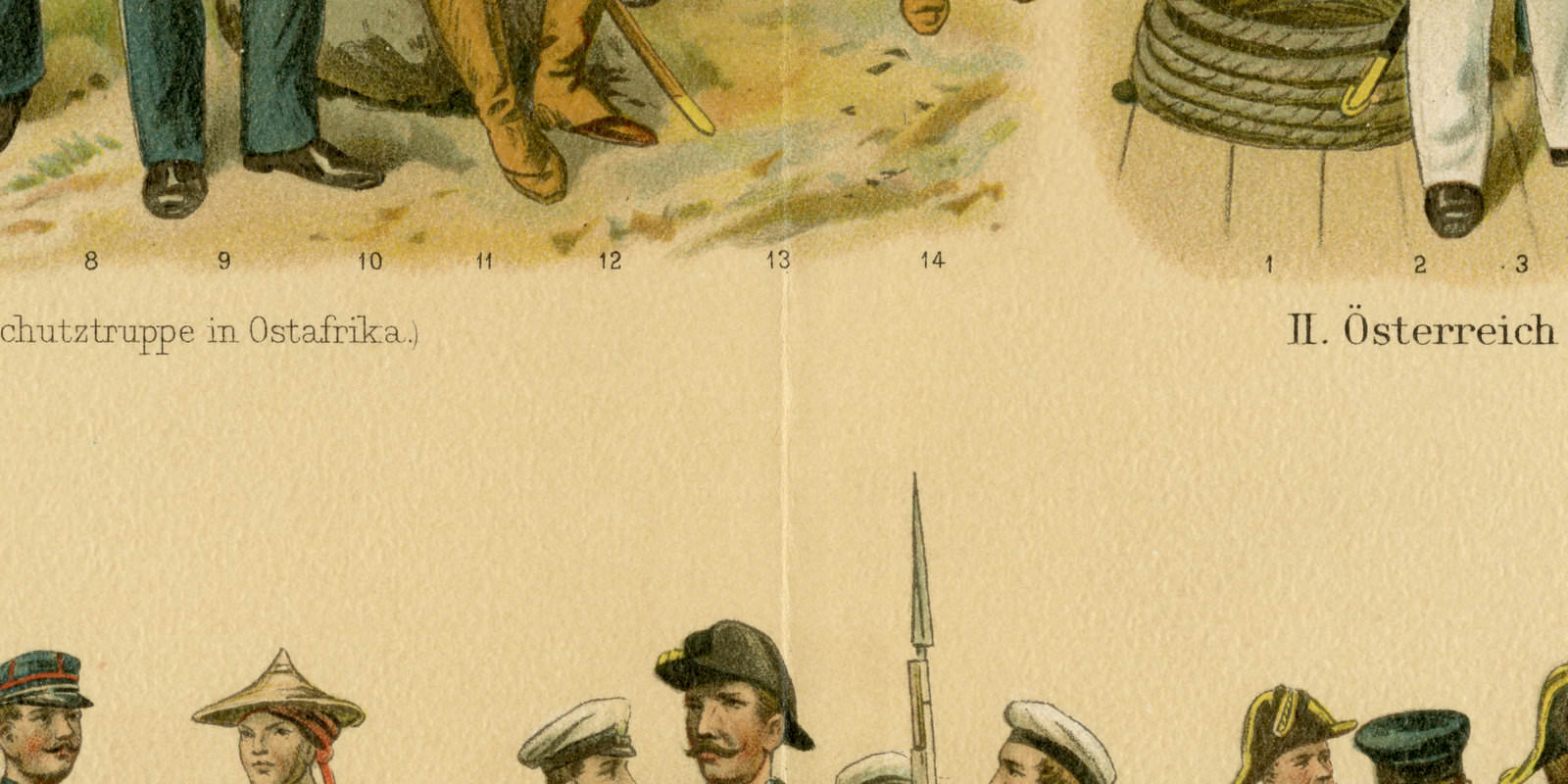 Marine Schutztruppen Kolonialtruppen ca 1896 historische Bildtafel Chromolithographie