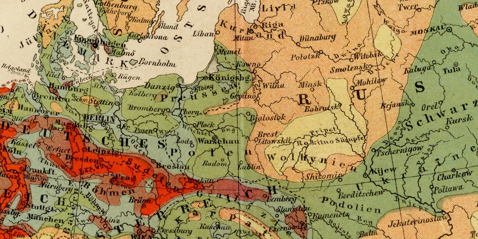 Europa Bevölkerung ca 1883 historische Karte Lithographie
