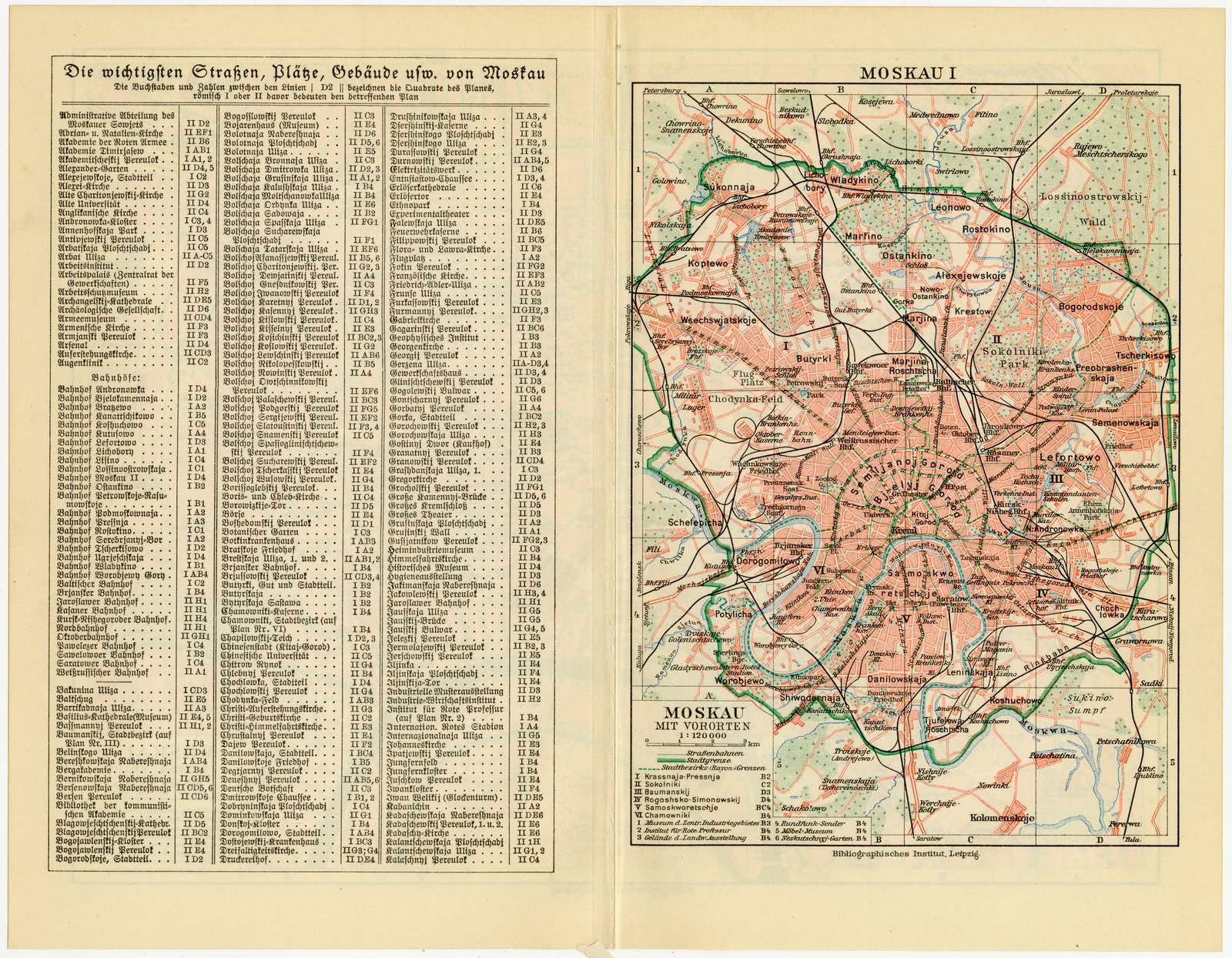 Moskau ca 1928 historische Karte Lithographie
