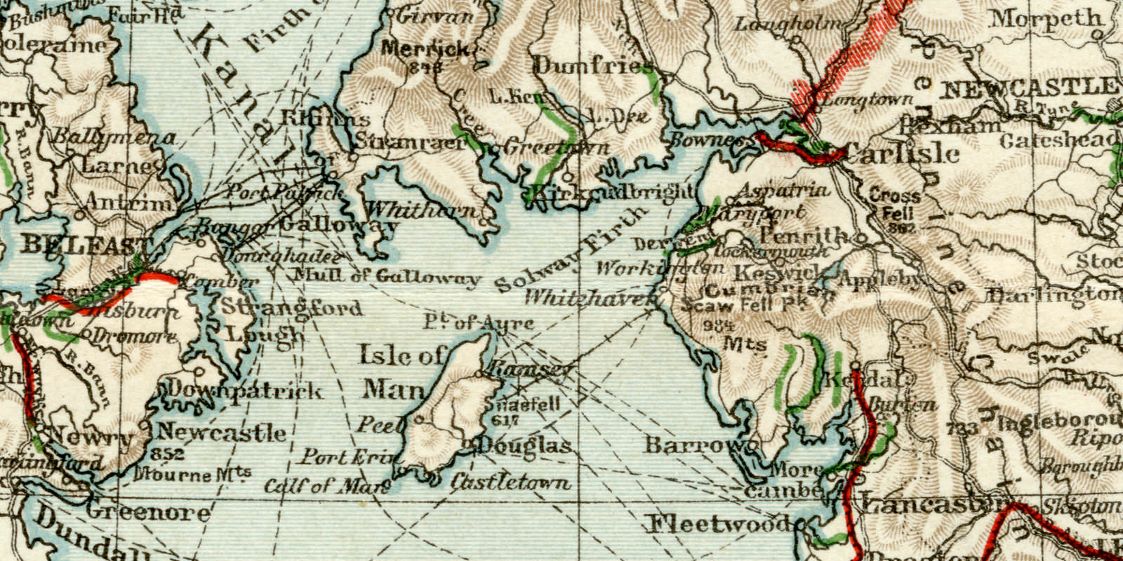 Die Schiffahrtsstrassen in Grossbritannien und Irland historische Landkarte Lithographie ca 1908