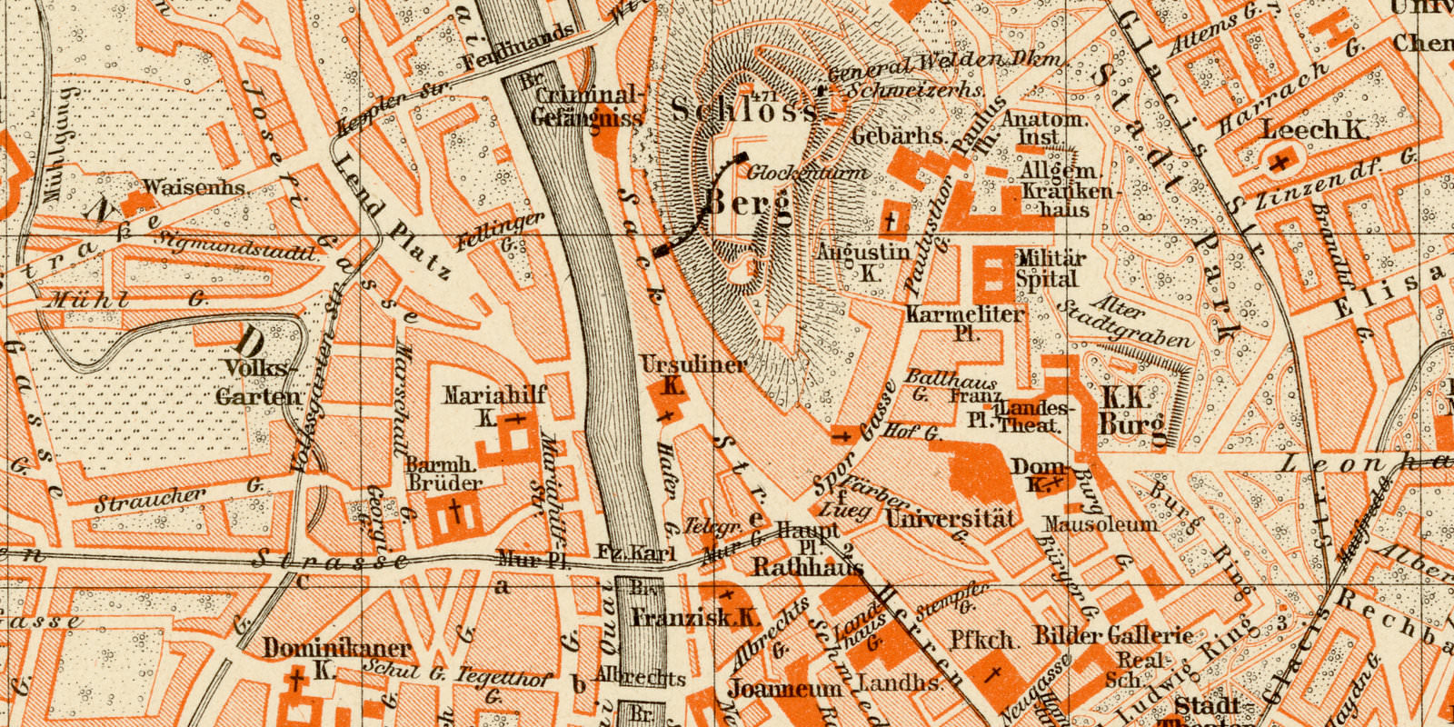 Graz ca 1893 historischer Stadtplan Lithographie