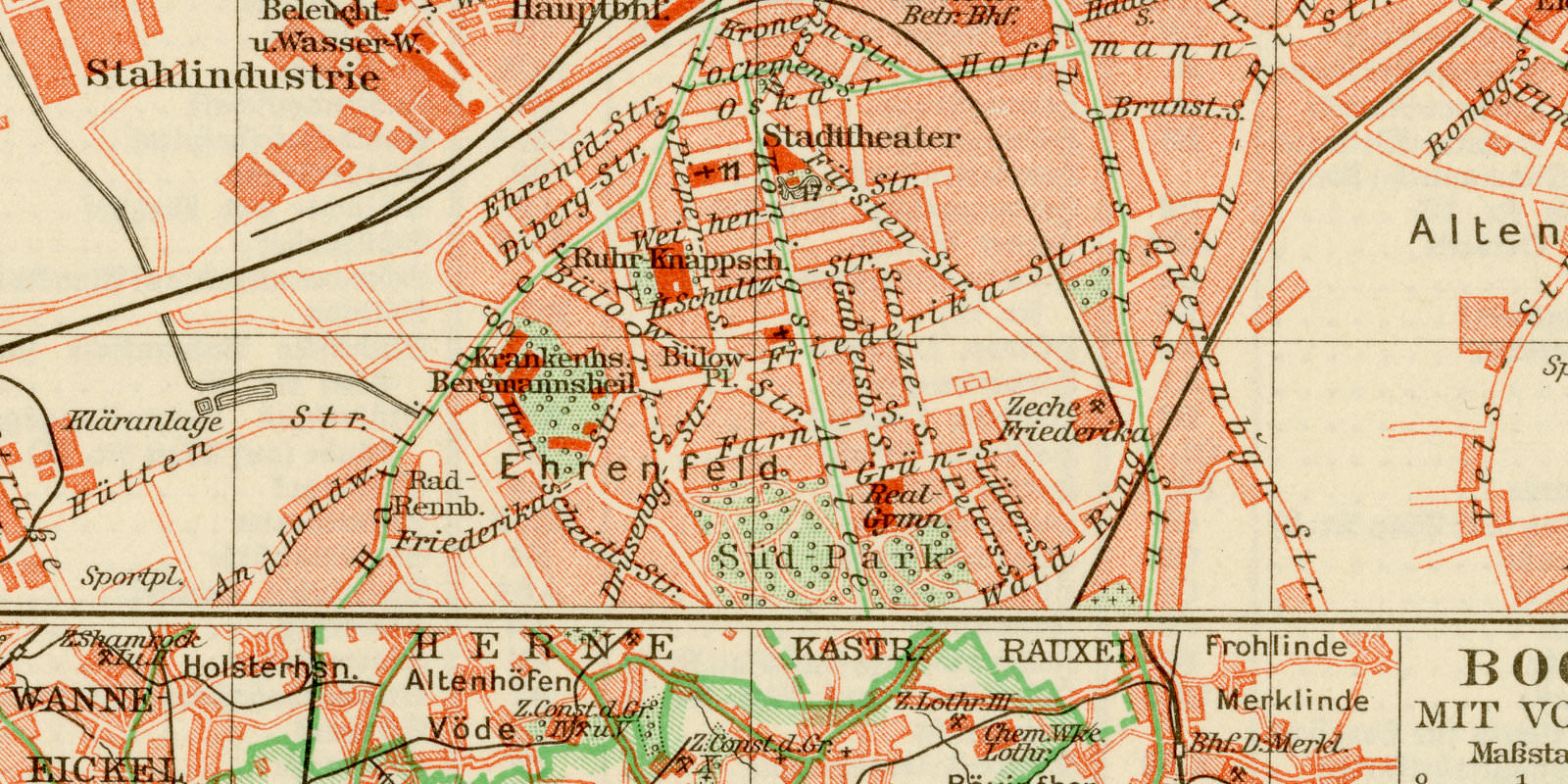 Bochum ca 1931 historische Karte Lithographie