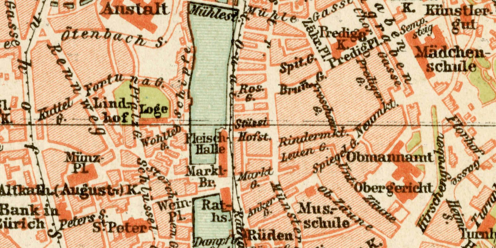 Zürich historischer Stadtplan Karte Lithographie ca 1897