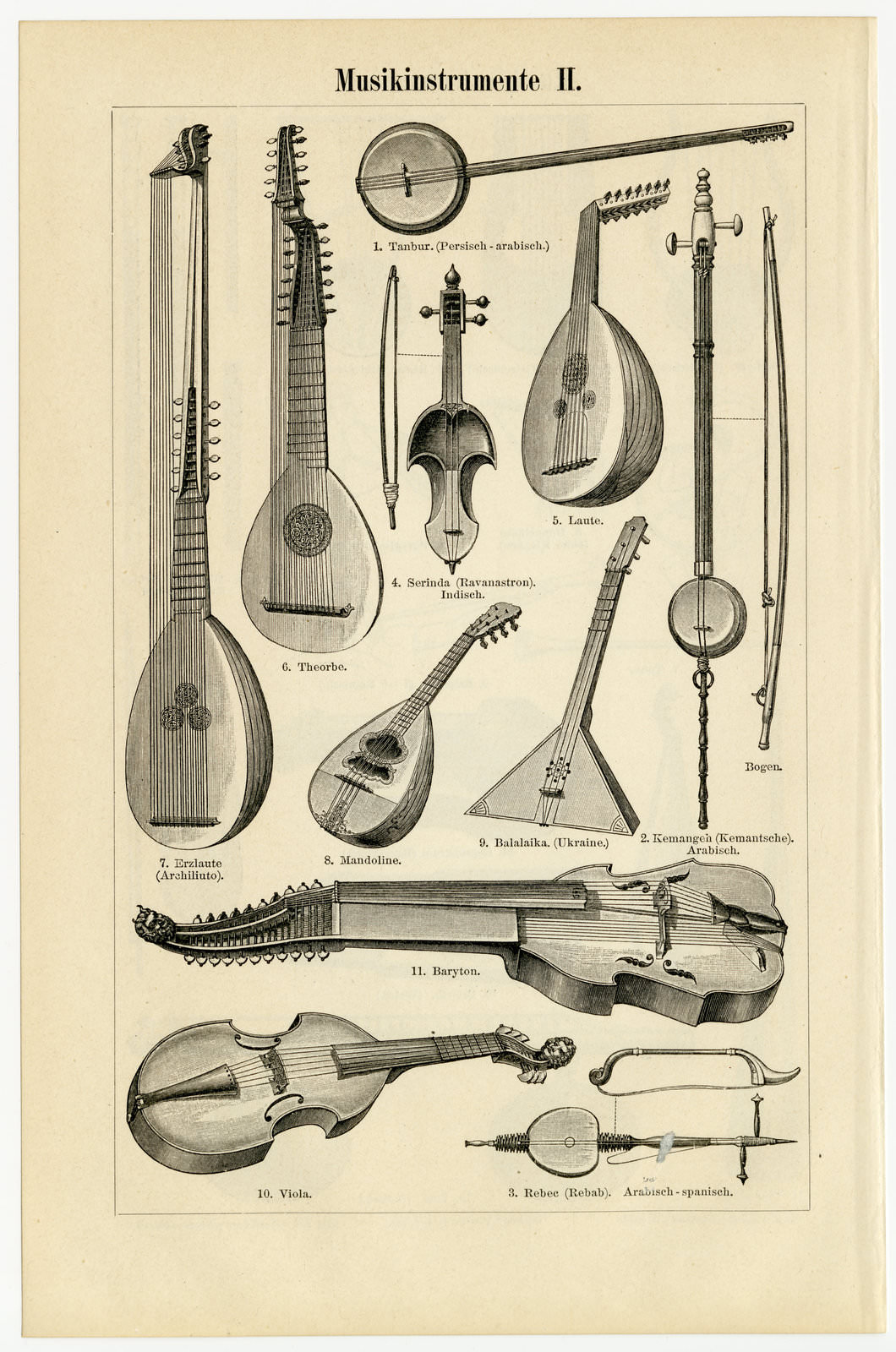 Musikinstrumente I - II ca 1900 historische Bildtafel Holzstich