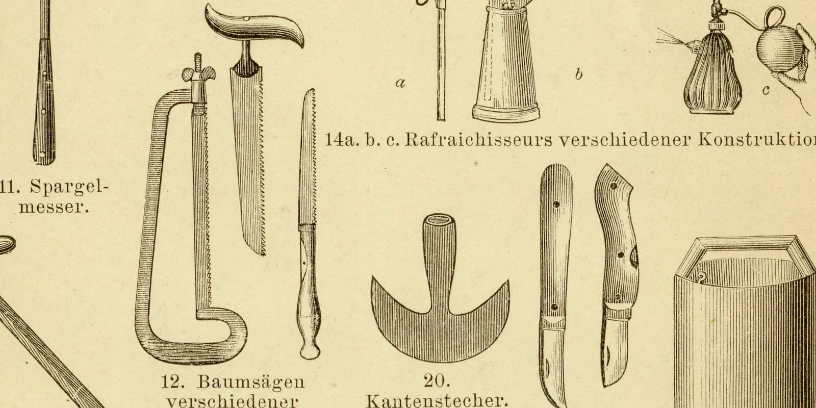 Gartengeräte ca 1884 historische Grafik Holzstich