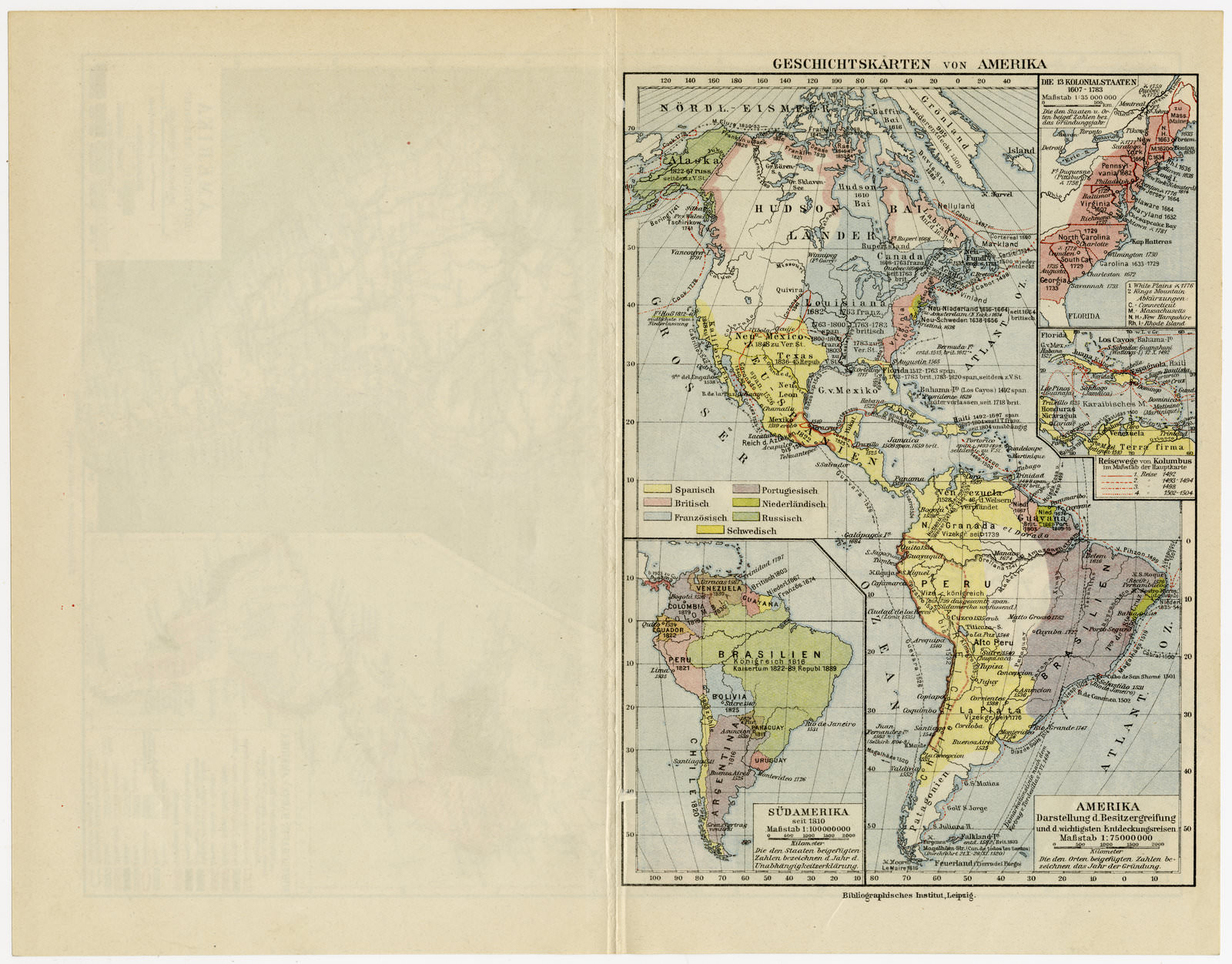 Amerika Landkarte physische Übersicht - Geschichtskarten ca 1924 historische Karte Lithographie