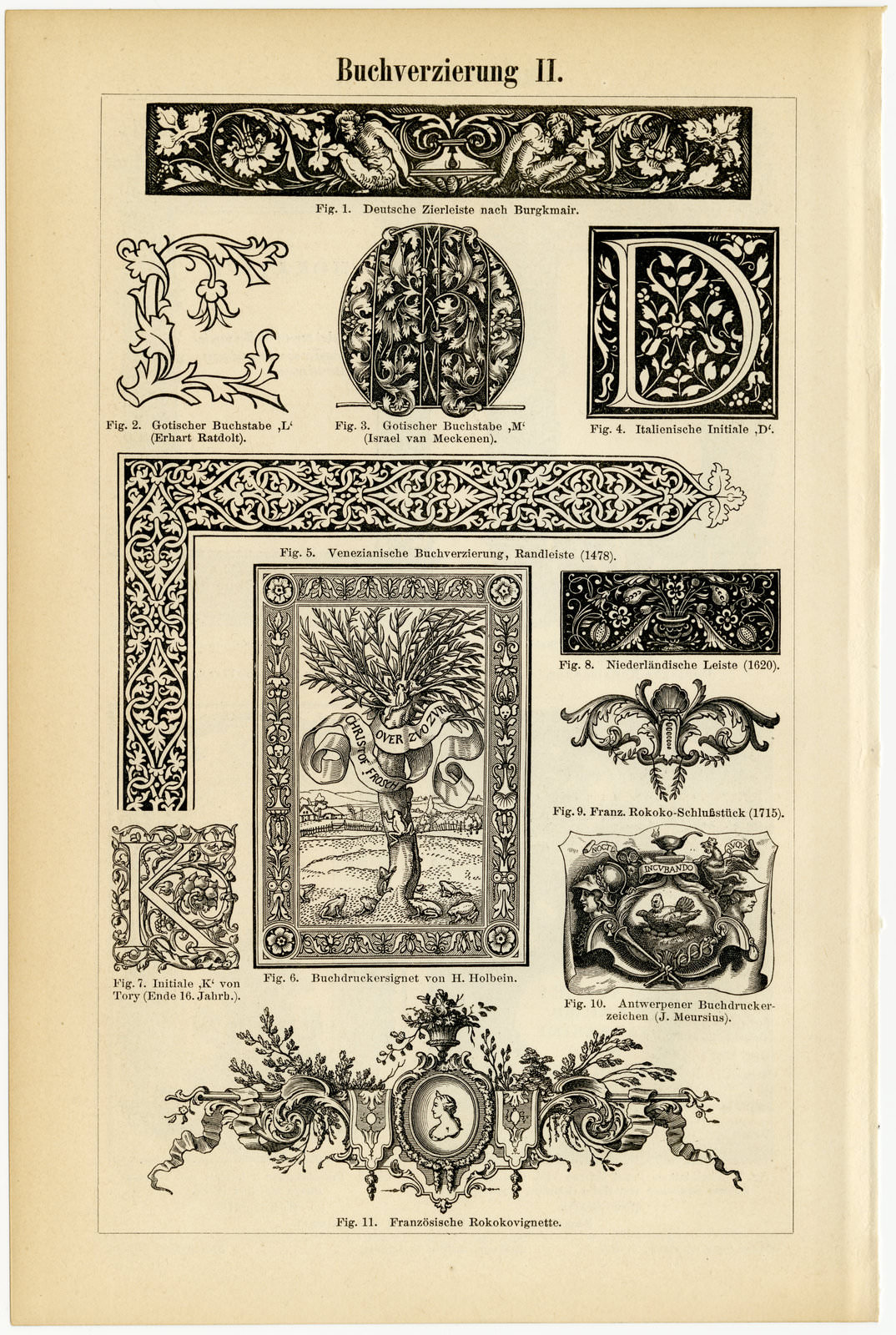 Buchverzierung I - II ca 1893 historische Bildtafel Holzstich