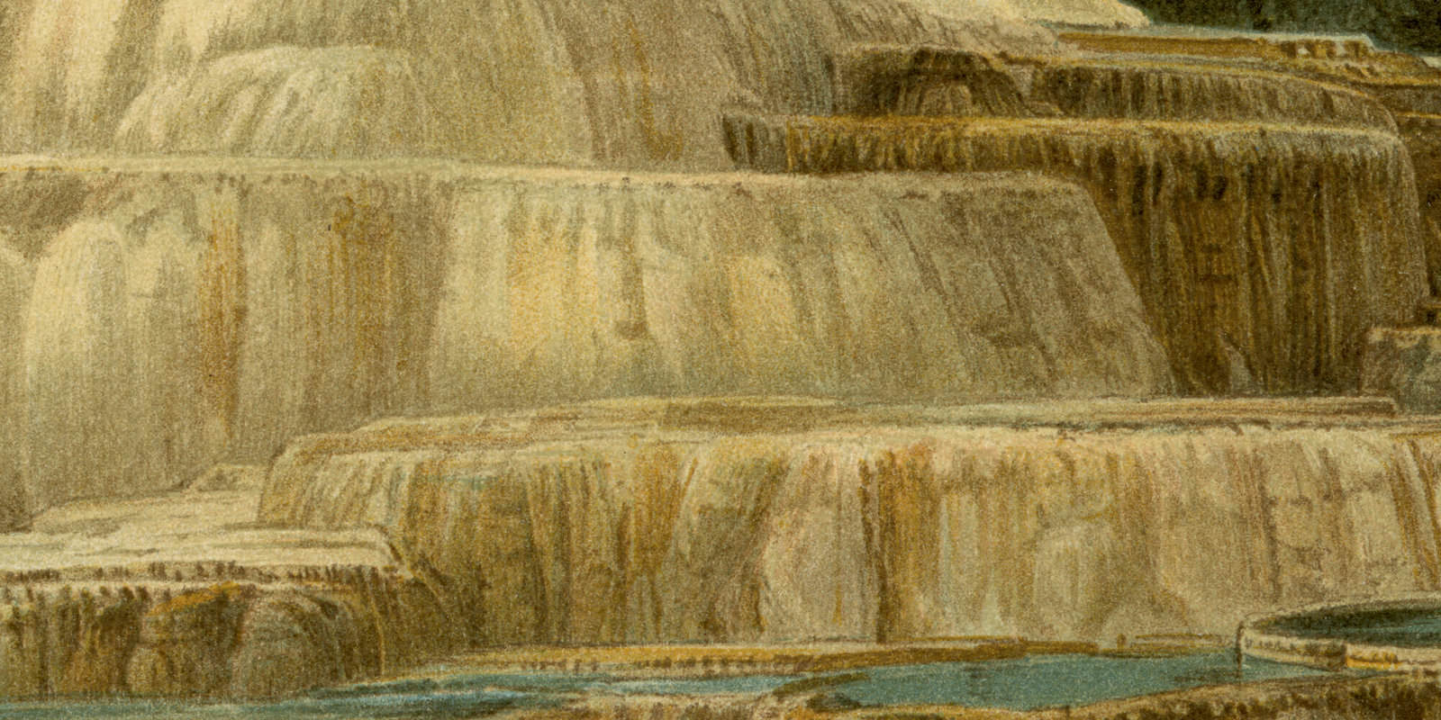 Sinterterrasse des Mammutgeisers im Yellowstone-Park ca 1894 historische Bildtafel Chromolithographie