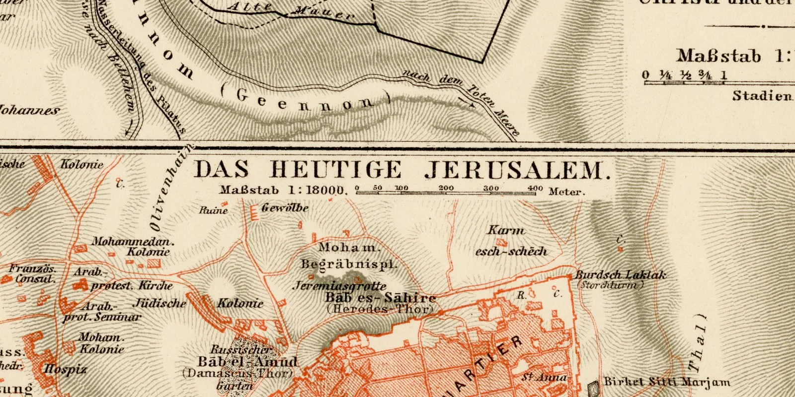 Jerusalem ca 1884 historische Karte Lithographie
