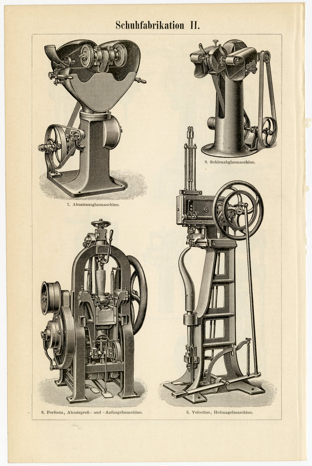 Schuhfabrikation I - II ca 1899 historische Bildtafel Holzstich