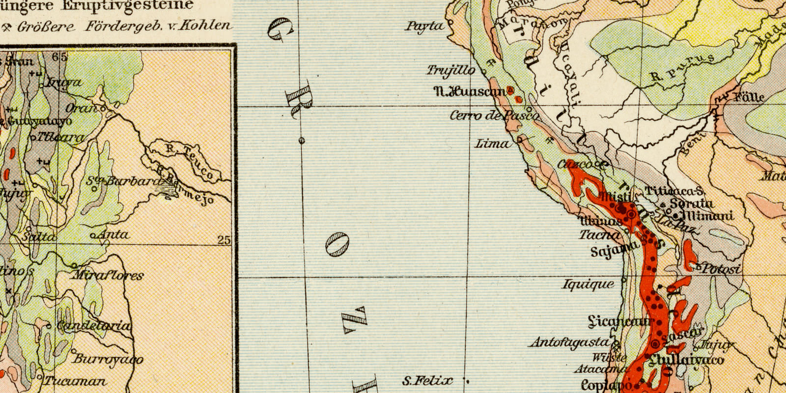 Geologische Karte von Süd- und Mittelamerika ca 1903 historische Karte Lithographie