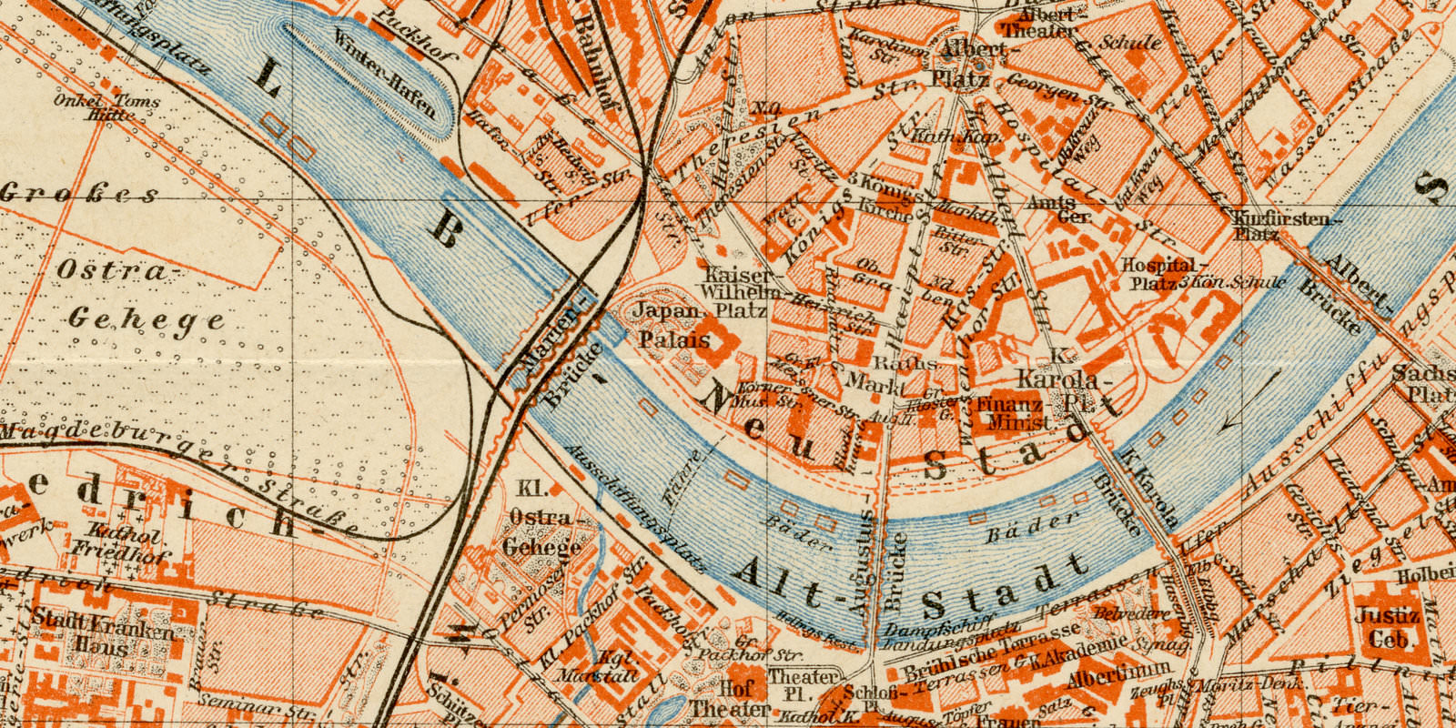 Dresden ca 1899 historischer Stadtplan Lithographie