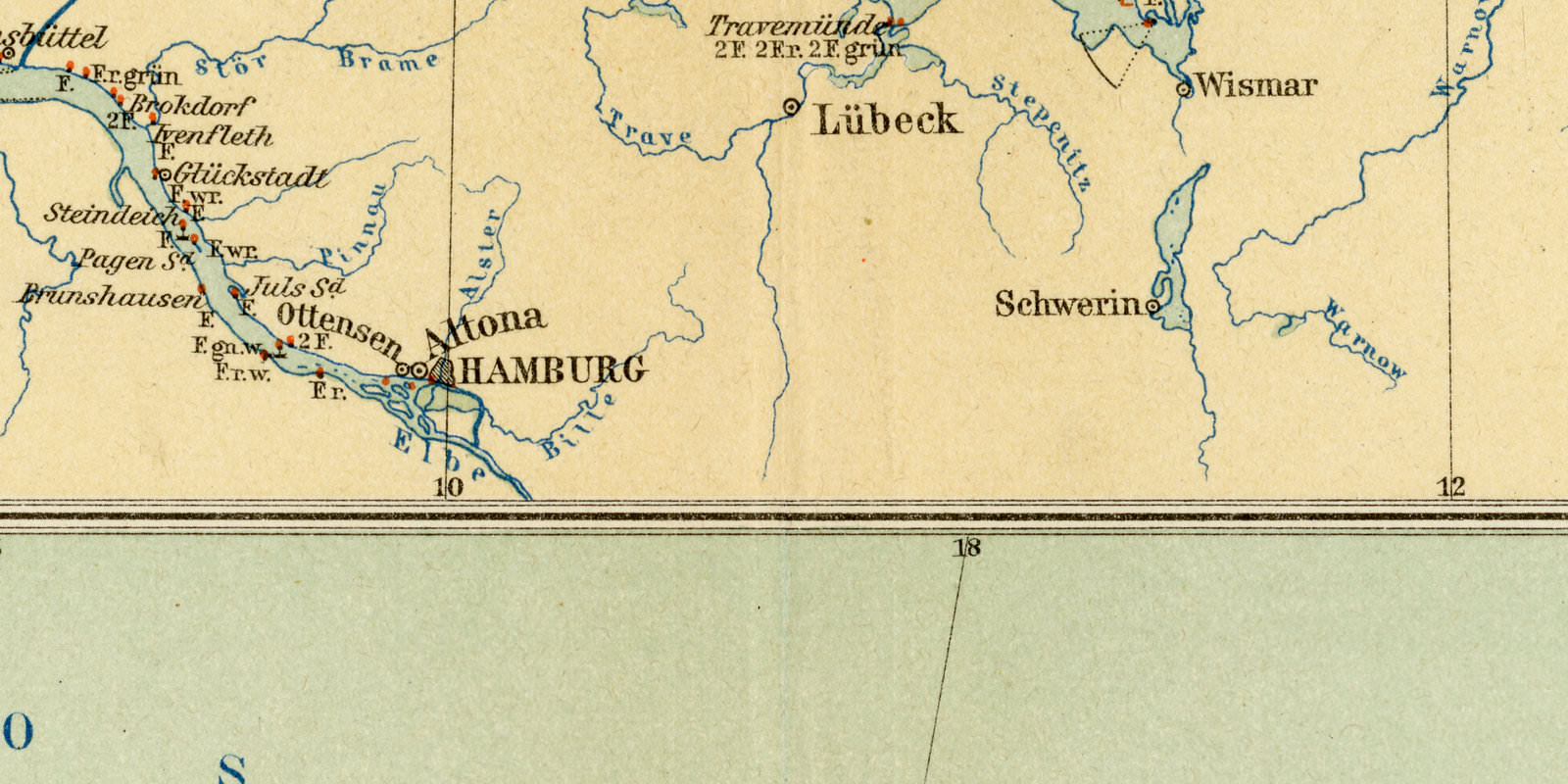 Leuchtfeuer an den Deutschen Küsten ca 1895 historische Karte Lithographie