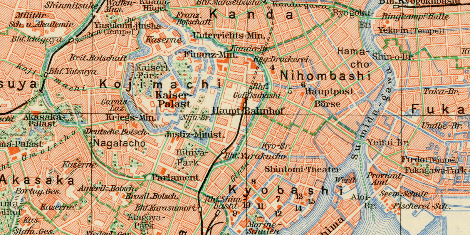 Tokyo ca 1930 historische Karte Lithographie