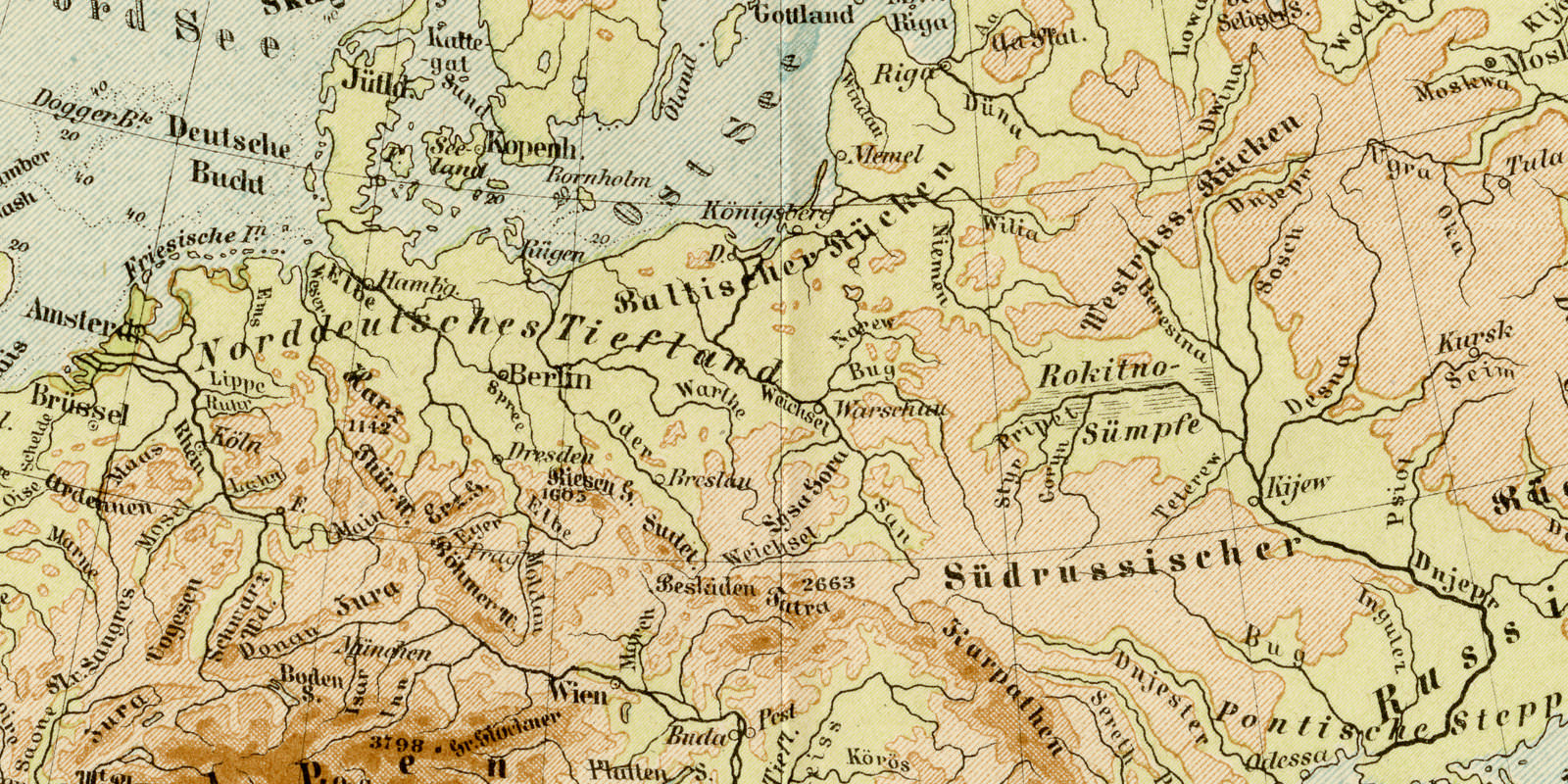 Europa Fluß Gebirge ca 1893 historische Karte Lithographie